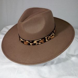BeigeBrown Wide Brim Fedora w Leopard print headba